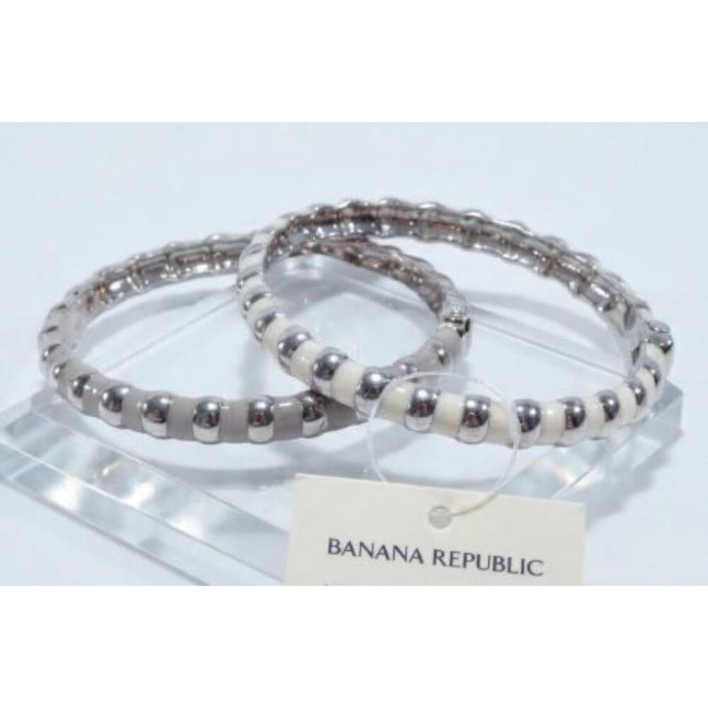 Banana Republic Grey White Enamel Striped Hinged Cuff Bangle Bracelet Set NWT 45